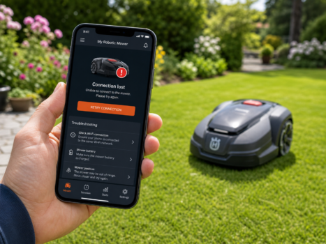 Smartphone mit Mähroboter-App-Verbindungsproblem im Garten