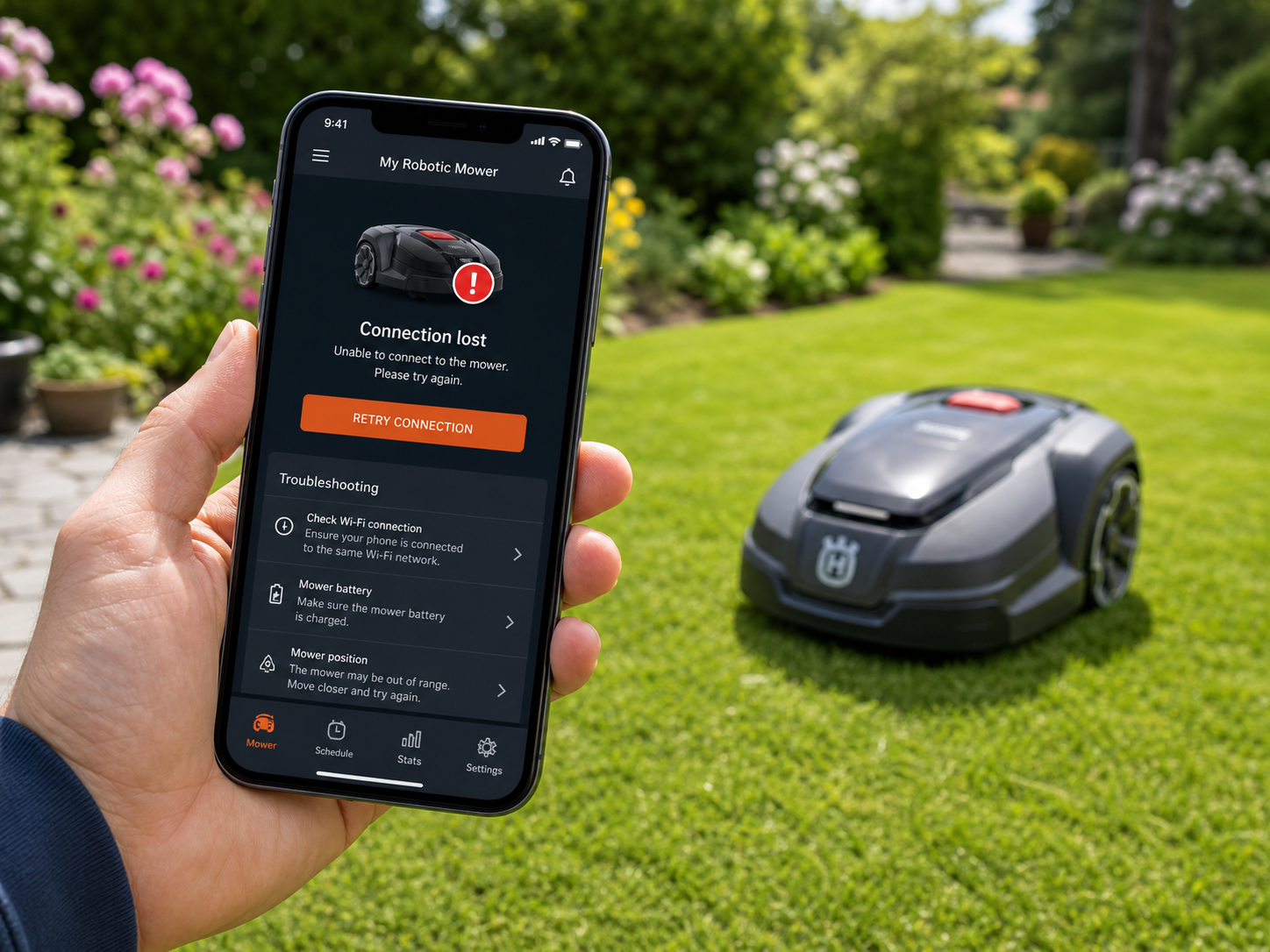 Smartphone mit Mähroboter-App-Verbindungsproblem im Garten