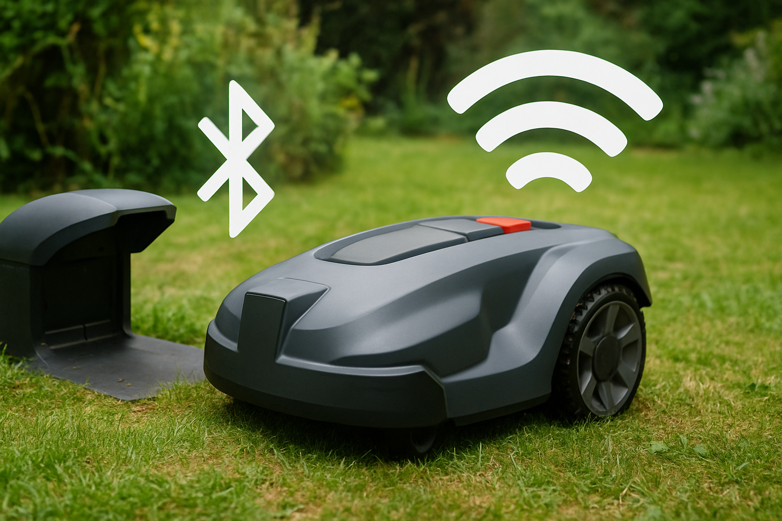 Illustration zu mähroboter verbindet sich nicht mit wlan mit einem brandneutralen Mähroboter im Garten